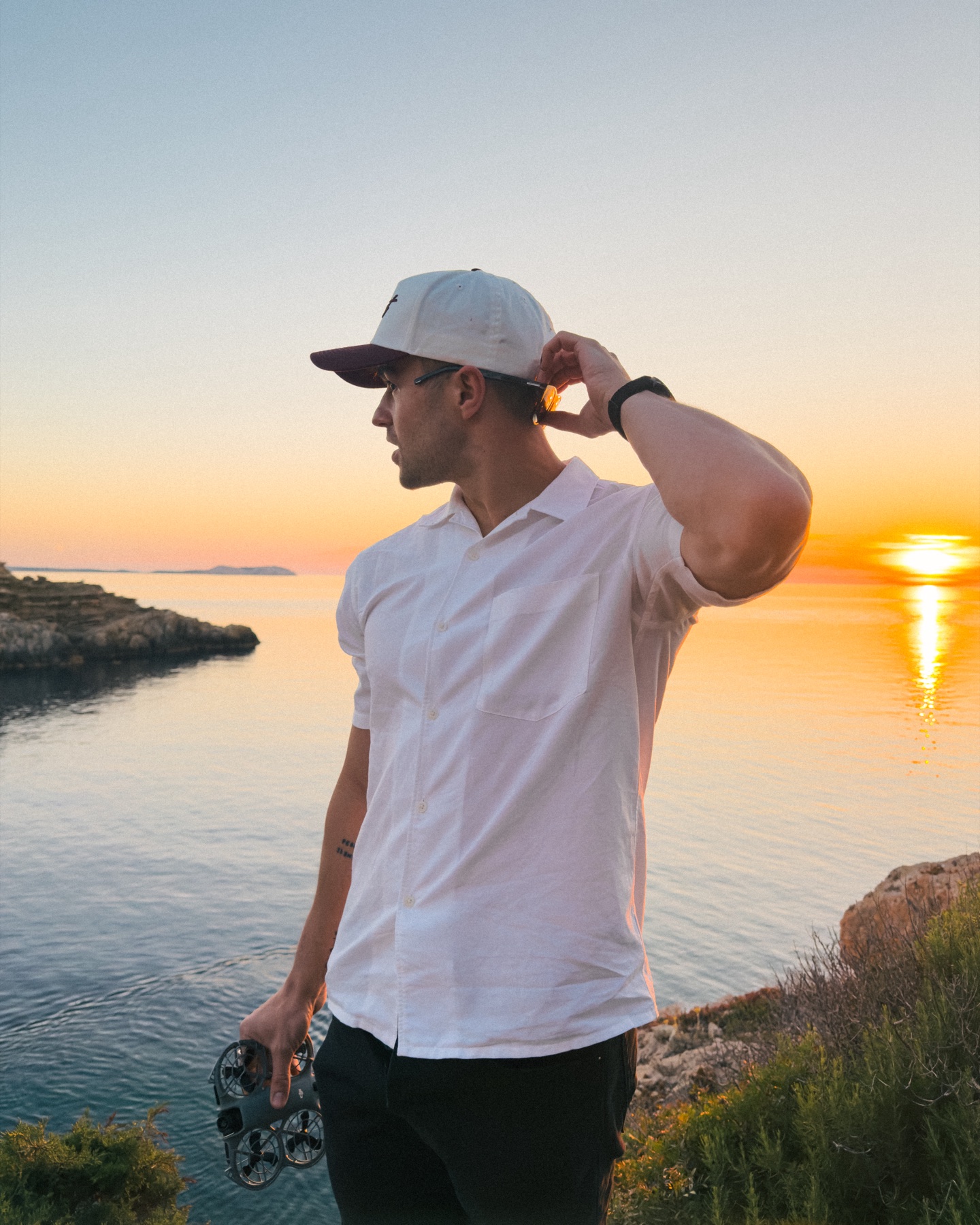 Flying a drone at sunset